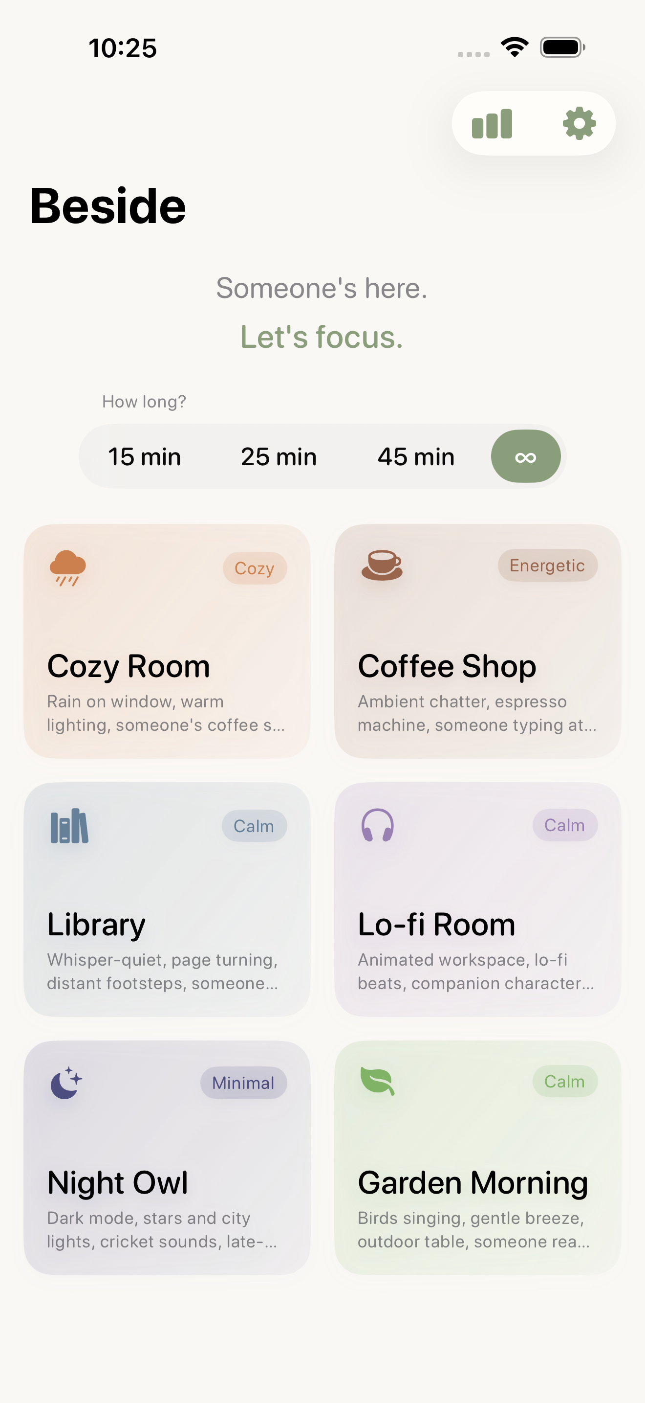 Beside app — Scene picker showing ambient focus environments