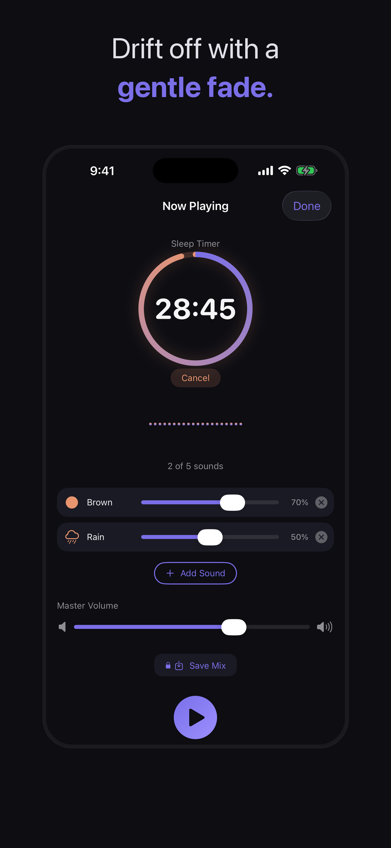Sleep timer counting down with fade-out